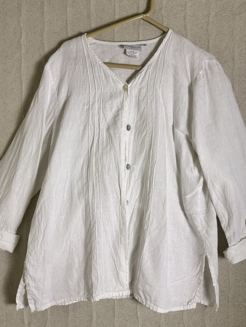 Vintage White Linen Pintuck Blouse Lagenlook Coastal Renaissance Peasant Top M
